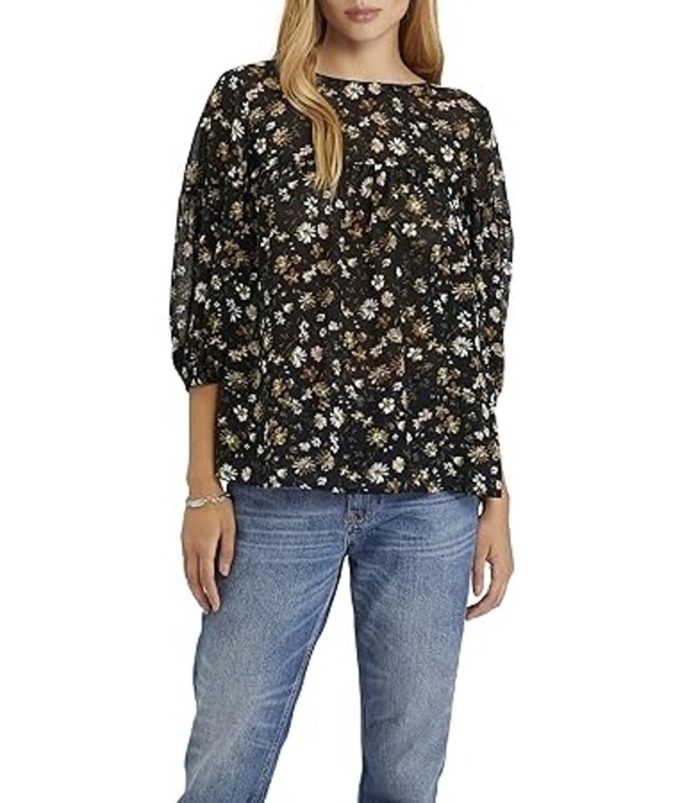 Sanctuary New Day Heritage Field Floral Top Peasant Blouse Black Size Medium